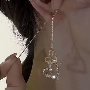 ✨ NEW Unique Sparkling Gold Tassle Double Heart Dangle Earrings ✨